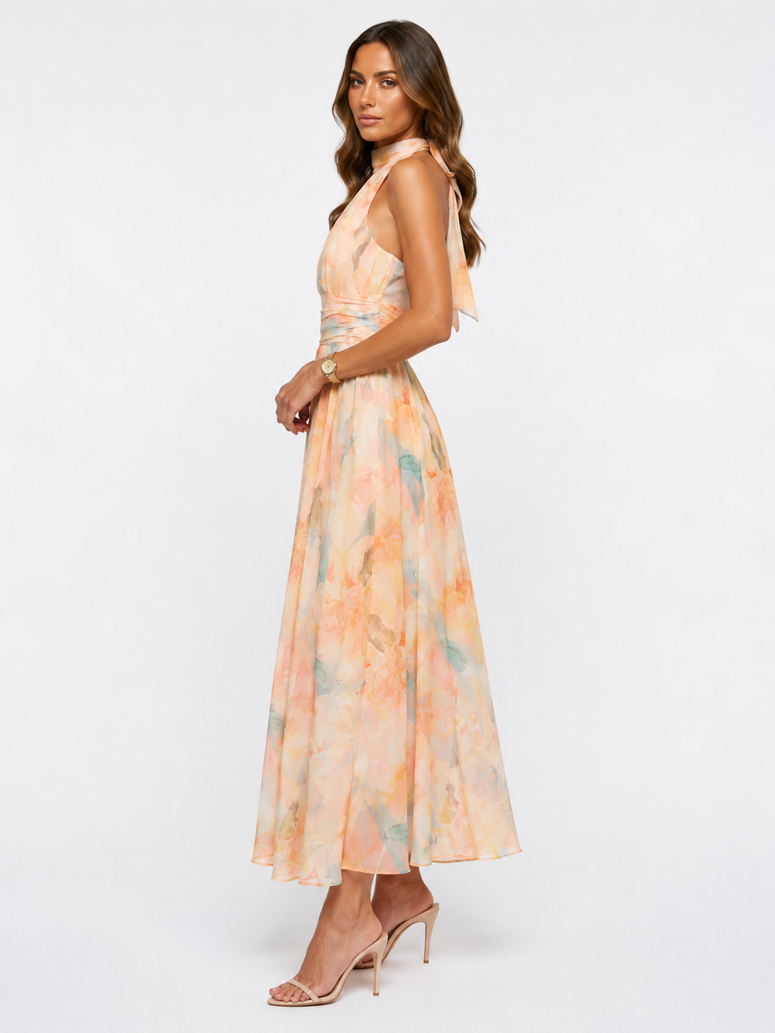 Loovay Azurielle Jurk, Halter Maxi met Aquarelprint