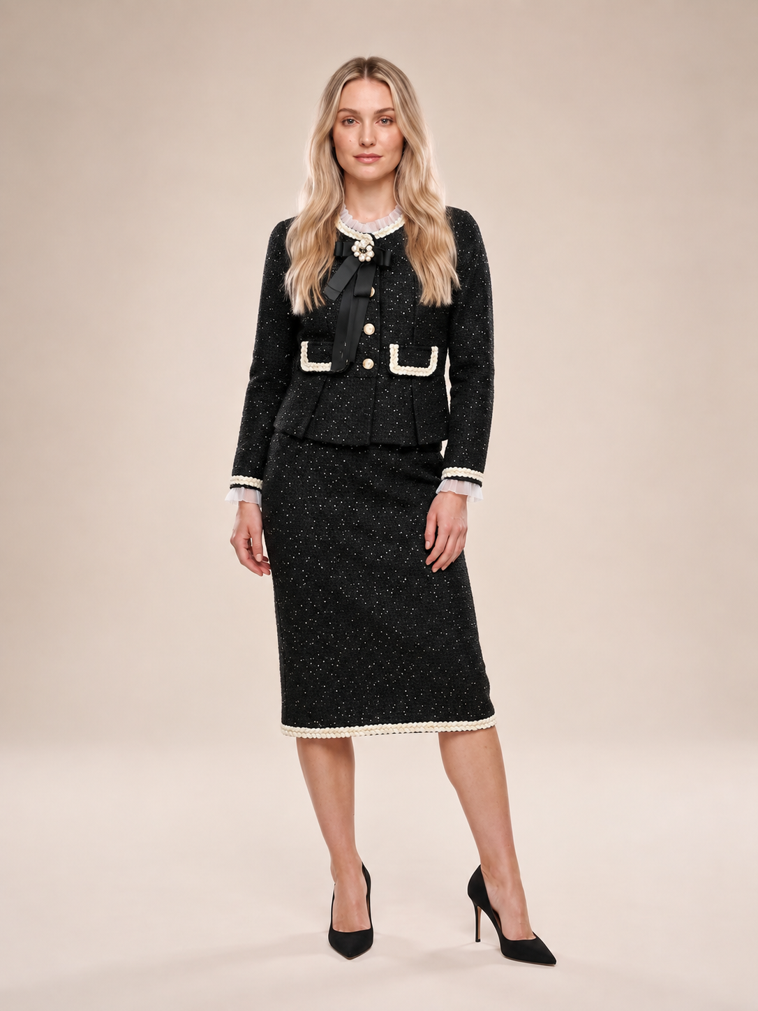 Loovay Seralyne Tweed Feestset met Peplum Blazer
