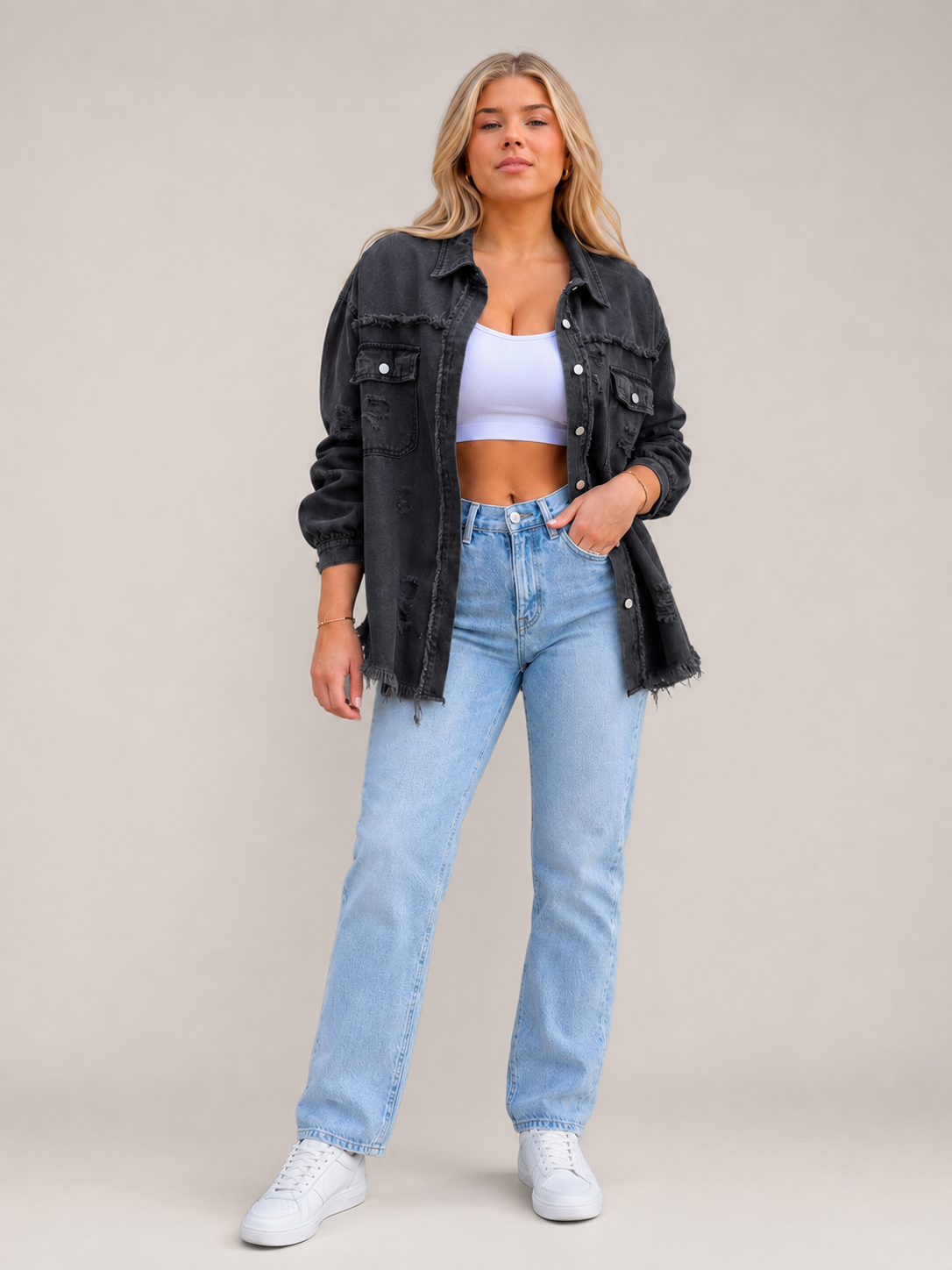 Loovay Denvara Denim-Look Damesjack, Gerafelde Details