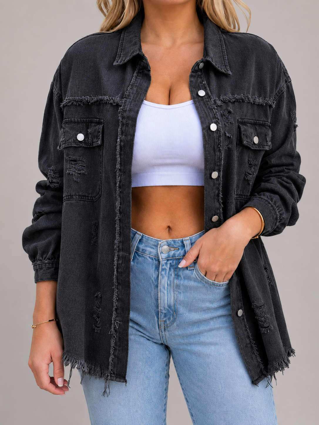 Loovay Denvara Denim-Look Damesjack, Gerafelde Details