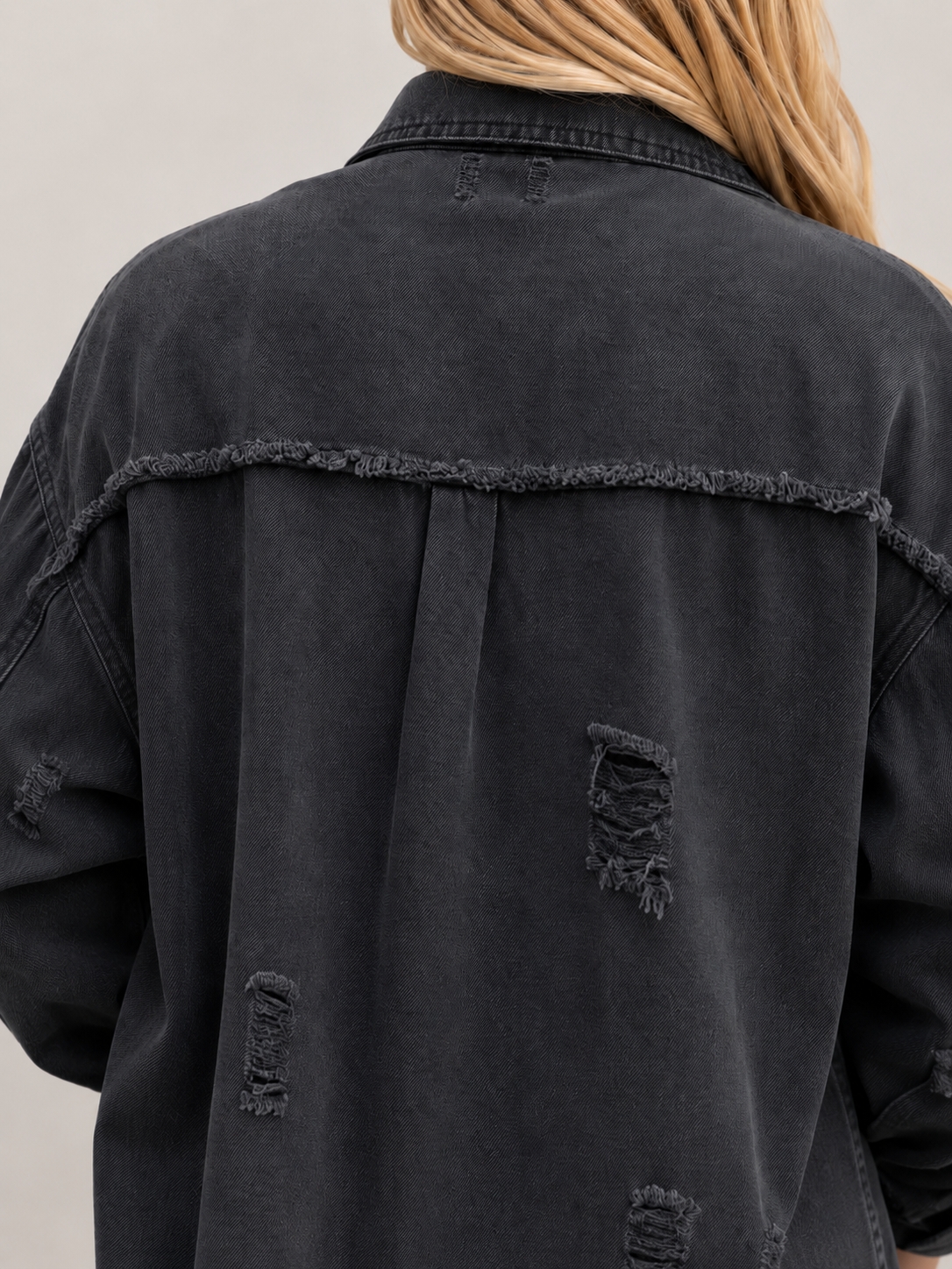 Loovay Denvara Denim-Look Damesjack, Gerafelde Details