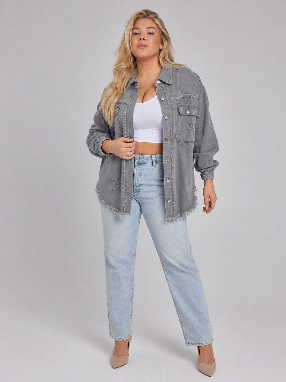 Loovay Denvara Denim-Look Damesjack, Gerafelde Details