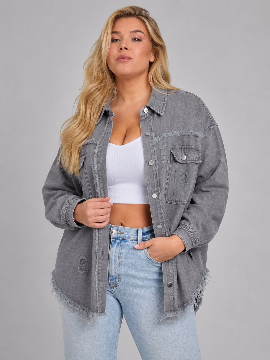 Loovay Denvara Denim-Look Damesjack, Gerafelde Details
