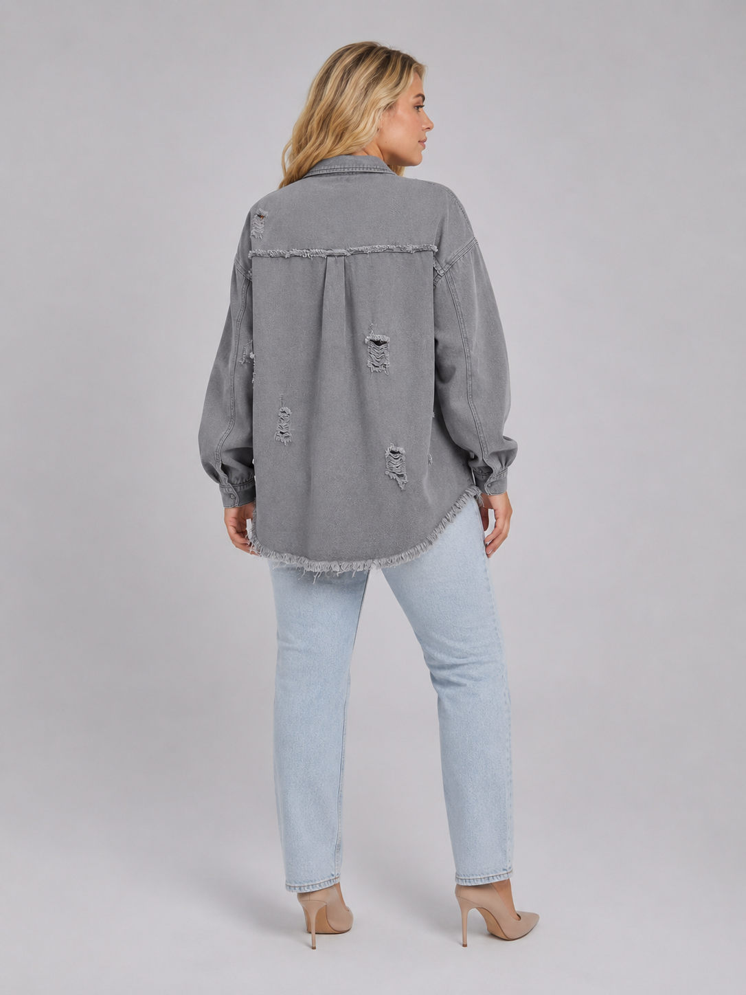 Loovay Denvara Denim-Look Damesjack, Gerafelde Details