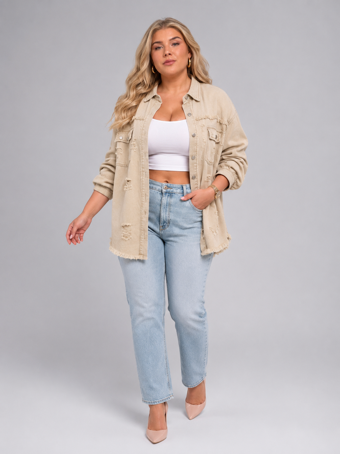 Loovay Denvara Denim-Look Damesjack, Gerafelde Details