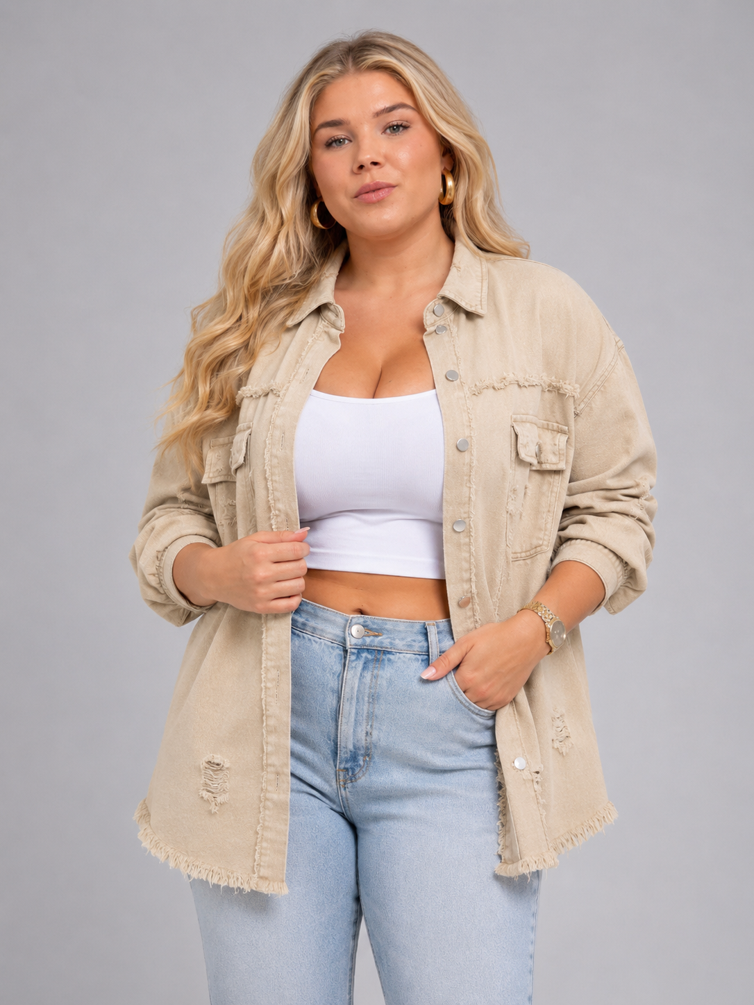Loovay Denvara Denim-Look Damesjack, Gerafelde Details