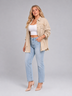 Loovay Denvara Denim-Look Damesjack, Gerafelde Details