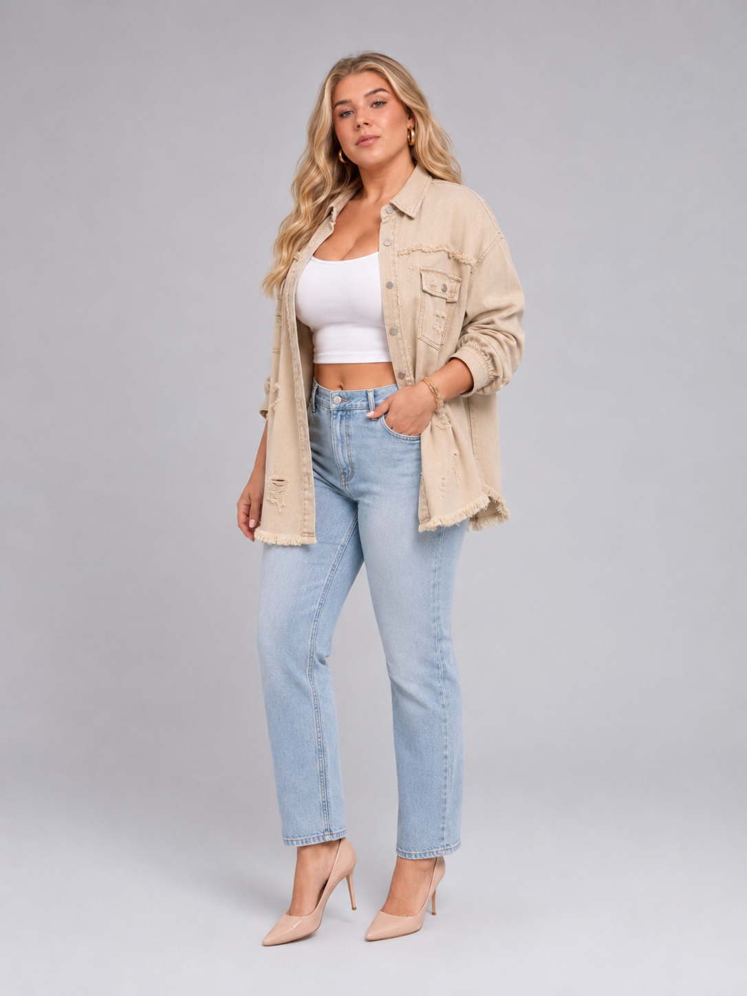 Loovay Denvara Denim-Look Damesjack, Gerafelde Details