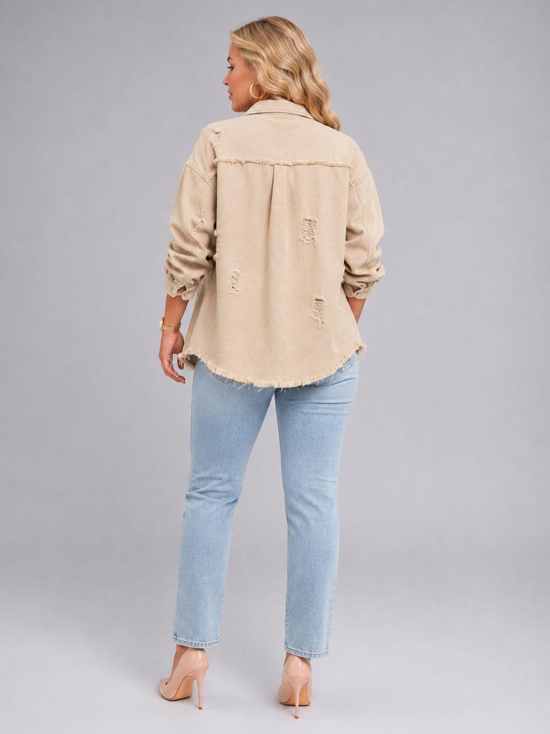Loovay Denvara Denim-Look Damesjack, Gerafelde Details