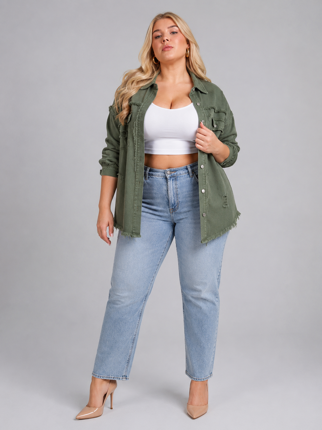 Loovay Denvara Denim-Look Damesjack, Gerafelde Details