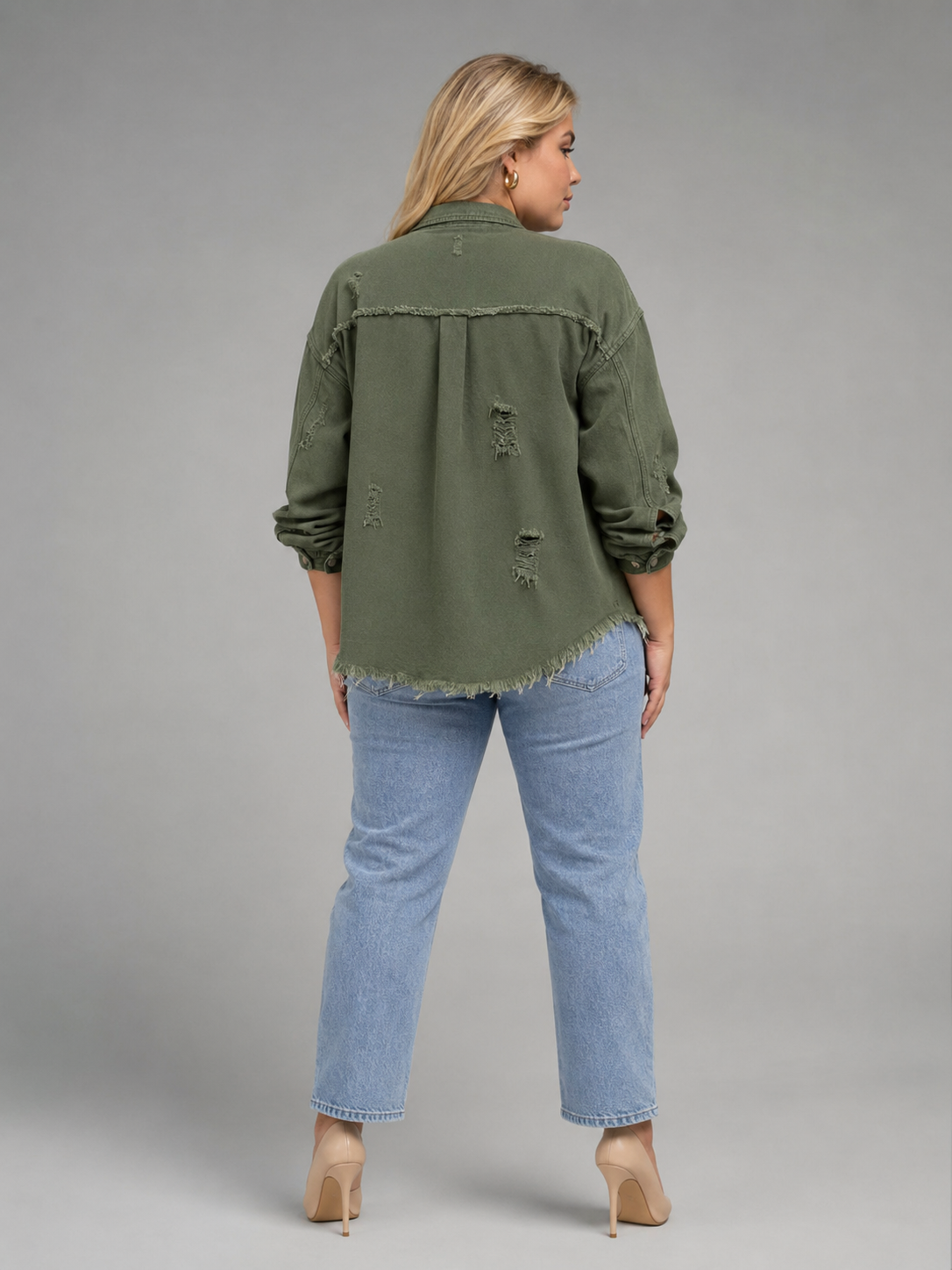 Loovay Denvara Denim-Look Damesjack, Gerafelde Details