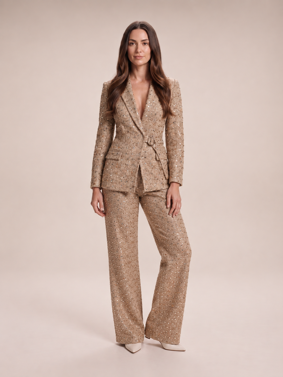 Loovay Armelisse Pailletten Feestpak met Wide Leg Broek