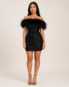 Loovay Phaeline Off Shoulder Pailletten Feestjurk met Veren