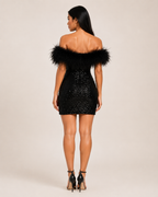 Loovay Phaeline Off Shoulder Pailletten Feestjurk met Veren