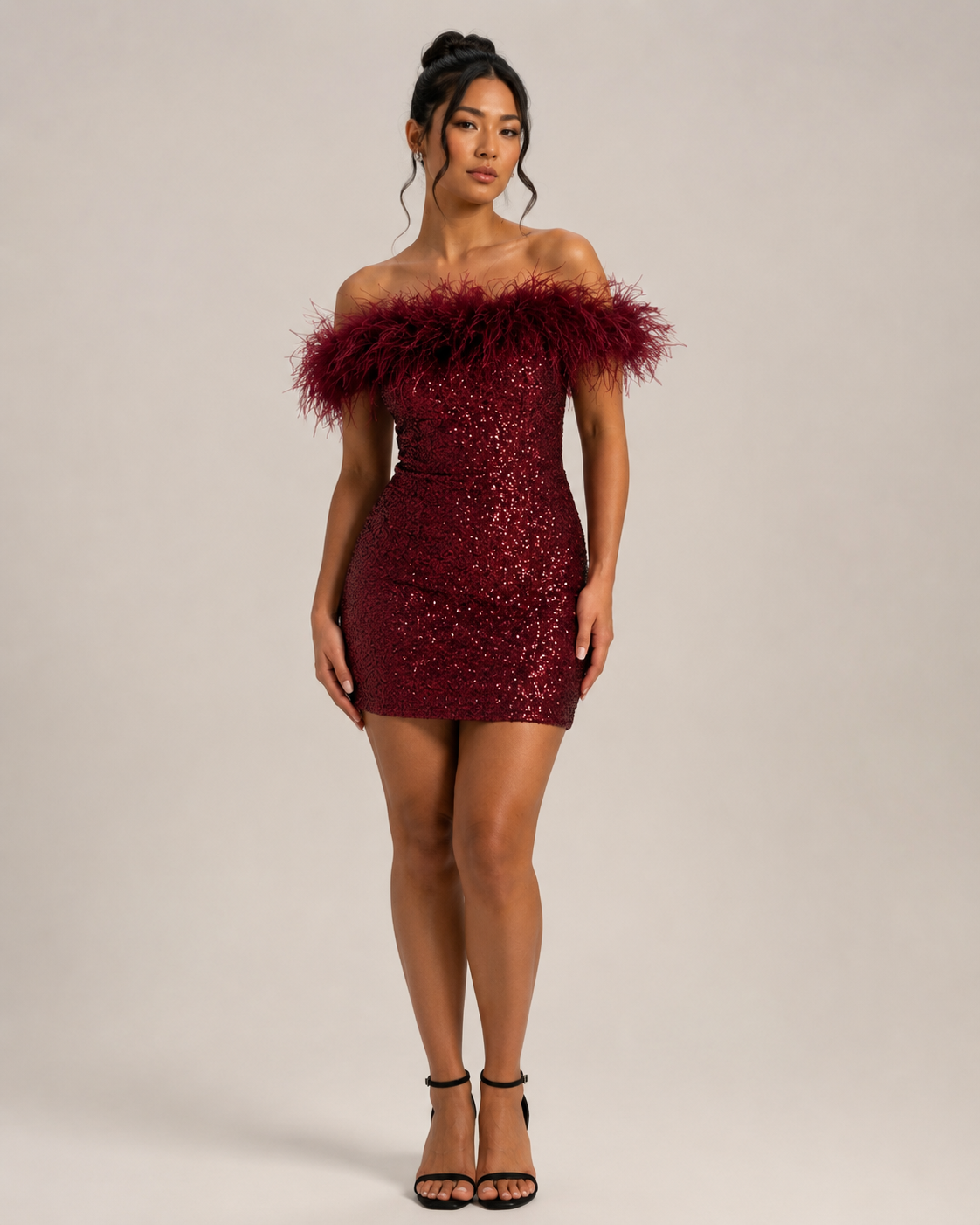 Loovay Phaeline Off Shoulder Pailletten Feestjurk met Veren