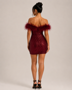 Loovay Phaeline Off Shoulder Pailletten Feestjurk met Veren