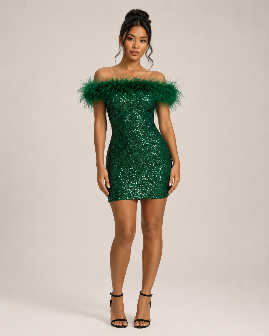Loovay Phaeline Off Shoulder Pailletten Feestjurk met Veren