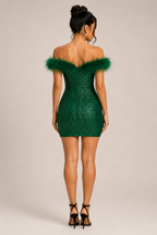 Loovay Phaeline Off Shoulder Pailletten Feestjurk met Veren