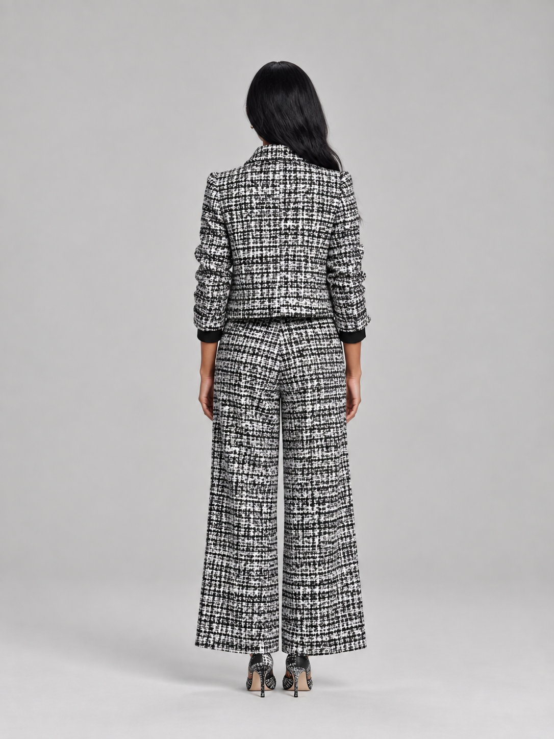 Loovay Rovielle Geruite Tweed Feestset met Wide Leg Broek