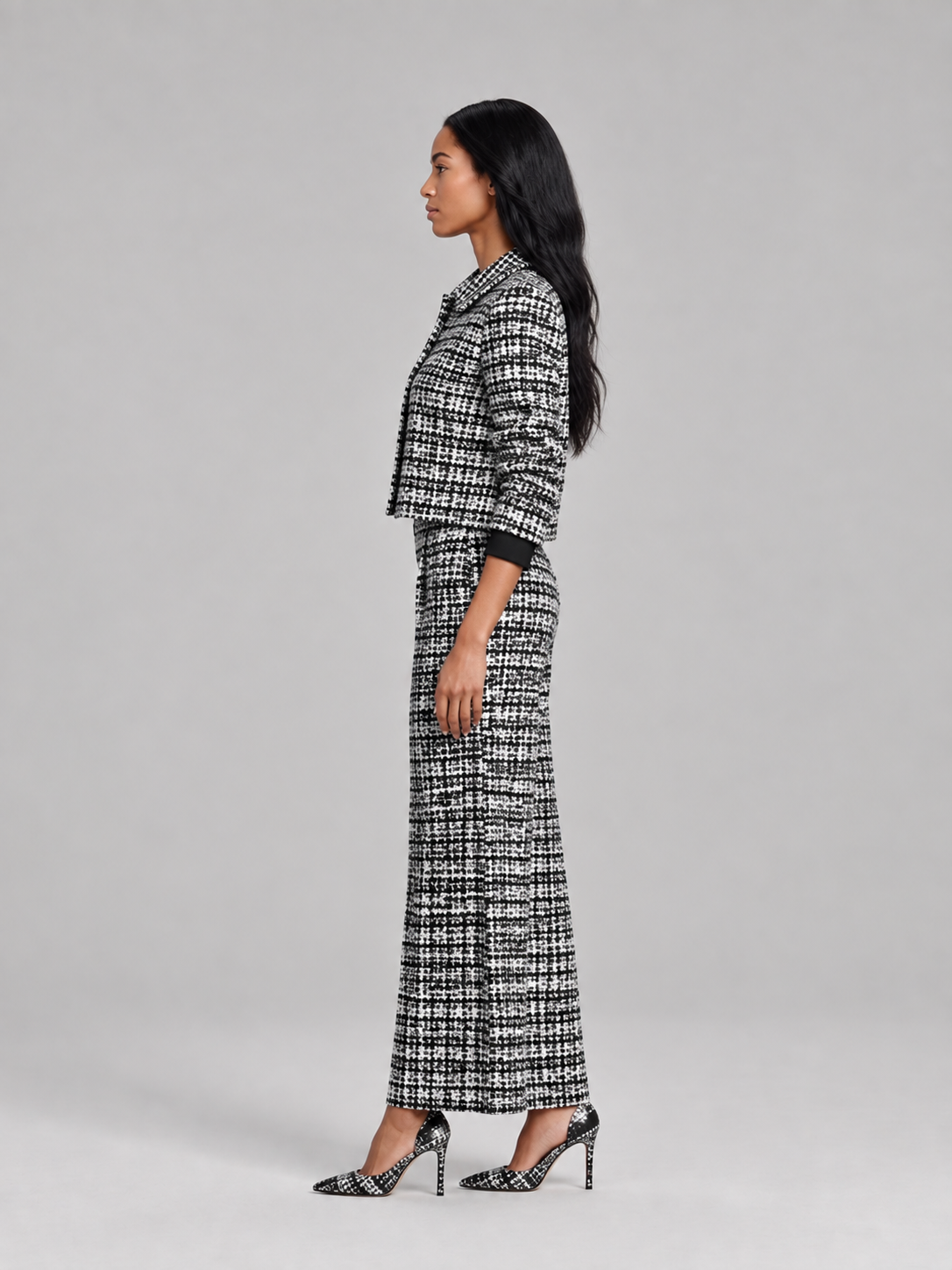 Loovay Rovielle Geruite Tweed Feestset met Wide Leg Broek
