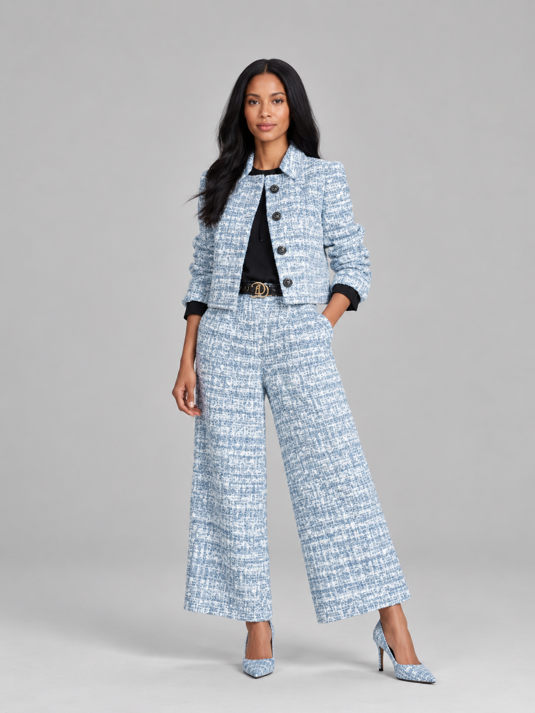 Loovay Rovielle Geruite Tweed Feestset met Wide Leg Broek