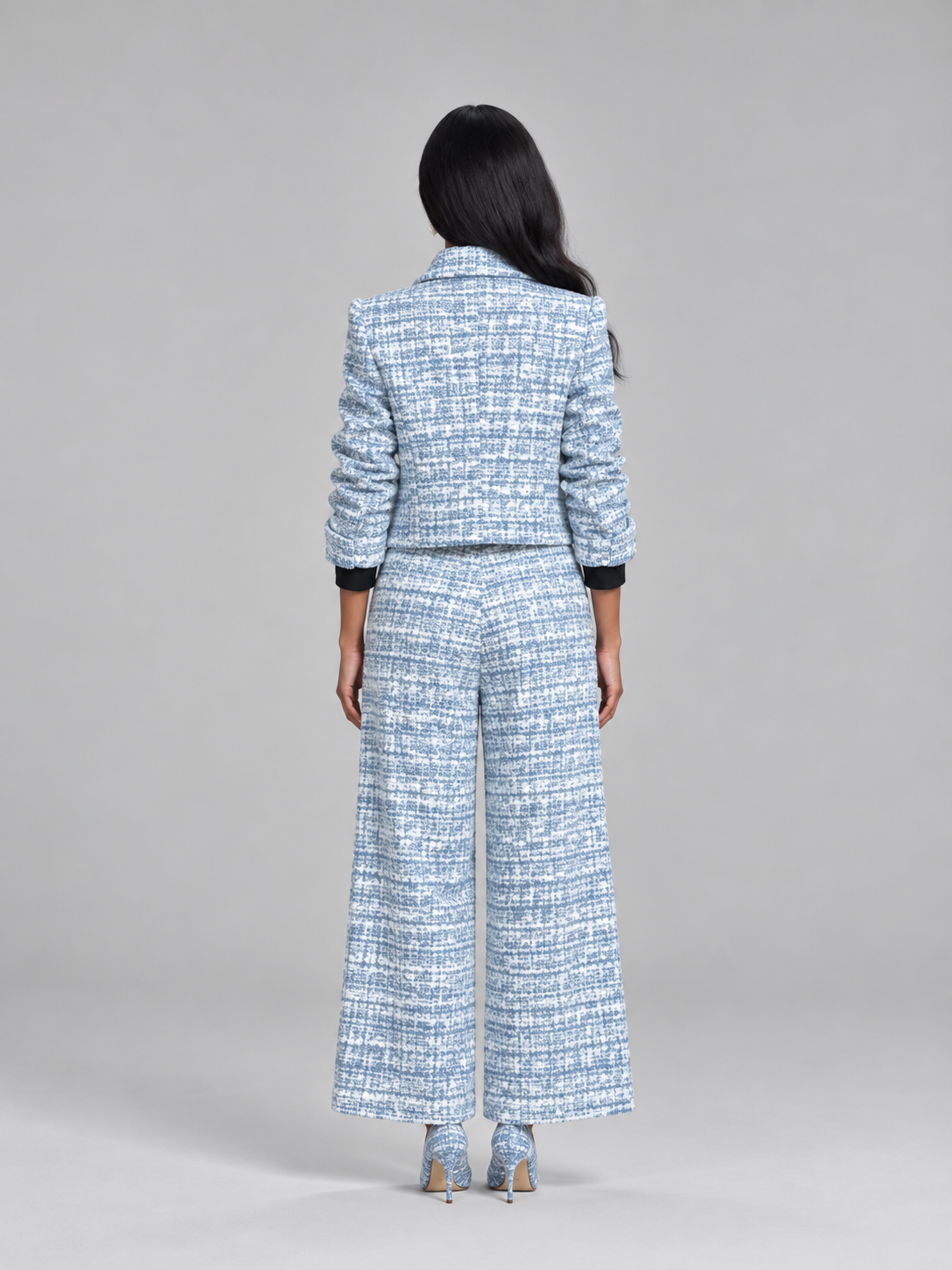Loovay Rovielle Geruite Tweed Feestset met Wide Leg Broek