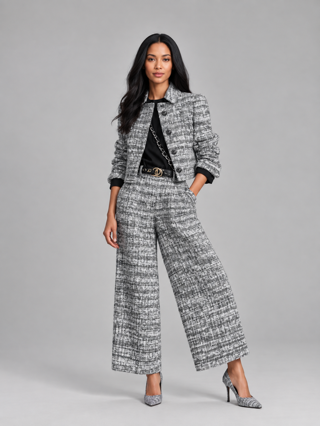 Loovay Rovielle Geruite Tweed Feestset met Wide Leg Broek