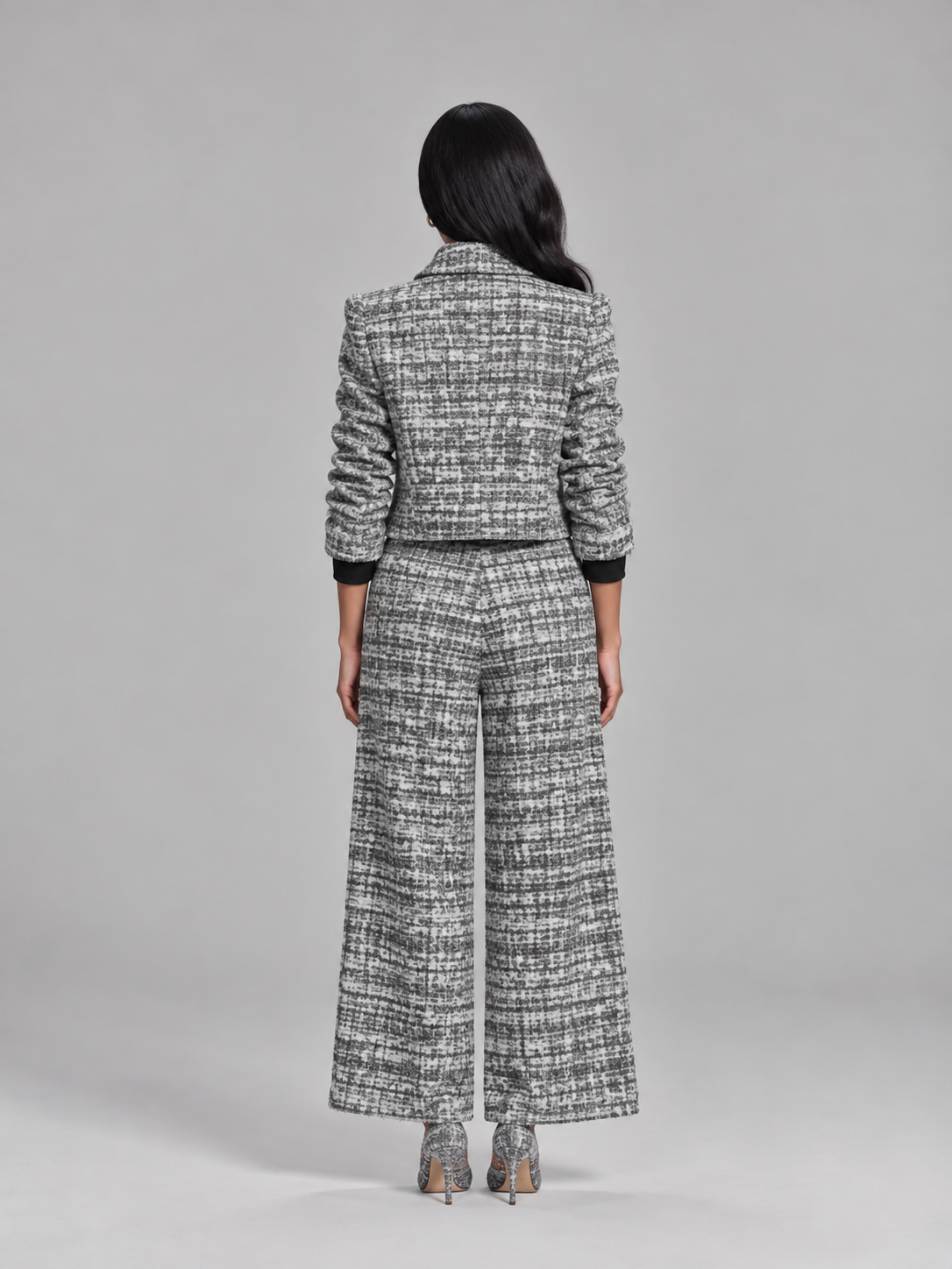 Loovay Rovielle Geruite Tweed Feestset met Wide Leg Broek