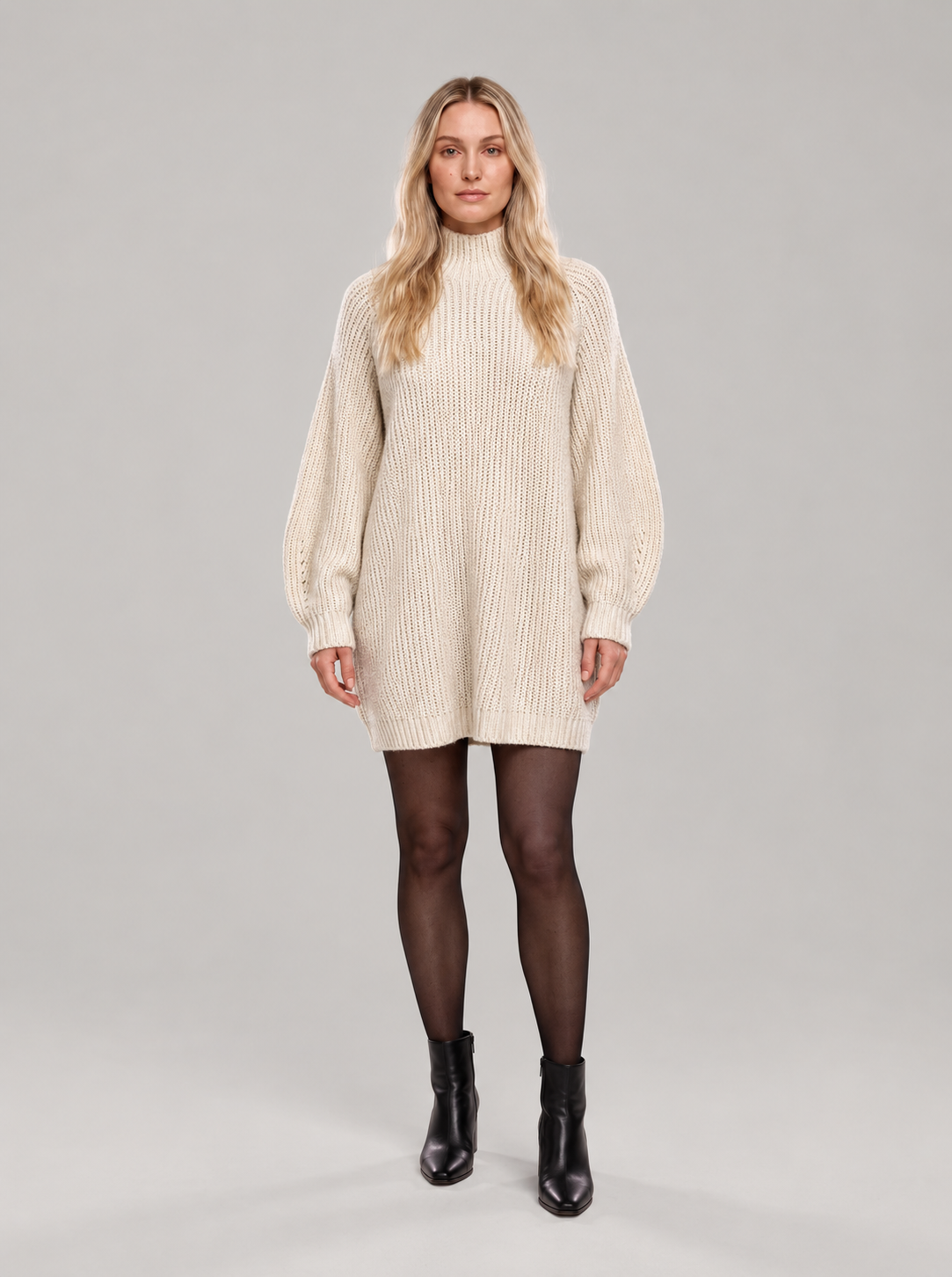 Loovay Tavienne Gebreide Coltrui Jurk met Pofmouwen