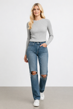 Loovay - Straight Fit Jeans met Hoge Taille & Scheuren