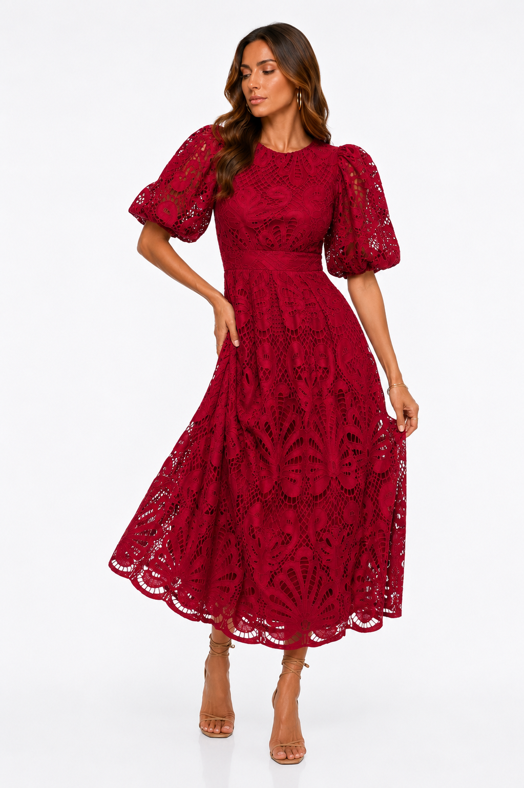 Loovay Roseline Jurk, Broderie Midi Elegantie