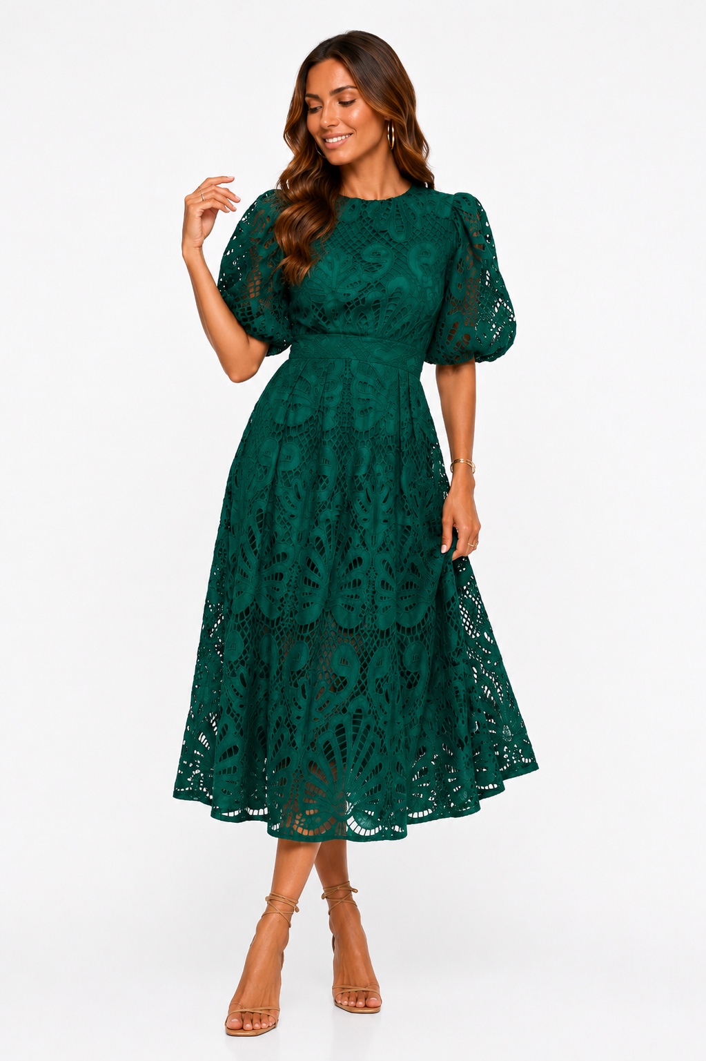 Loovay Roseline Jurk, Broderie Midi Elegantie