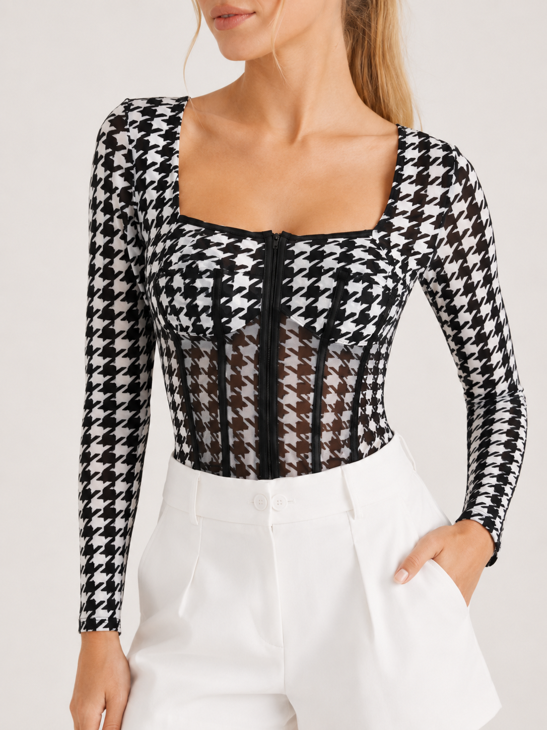 Loovay Monvera Body, Pied-de-Poule Bodysuit met Mesh