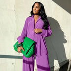 Loovay Sorelle Plissé Set met Blouse en Wijde Broek