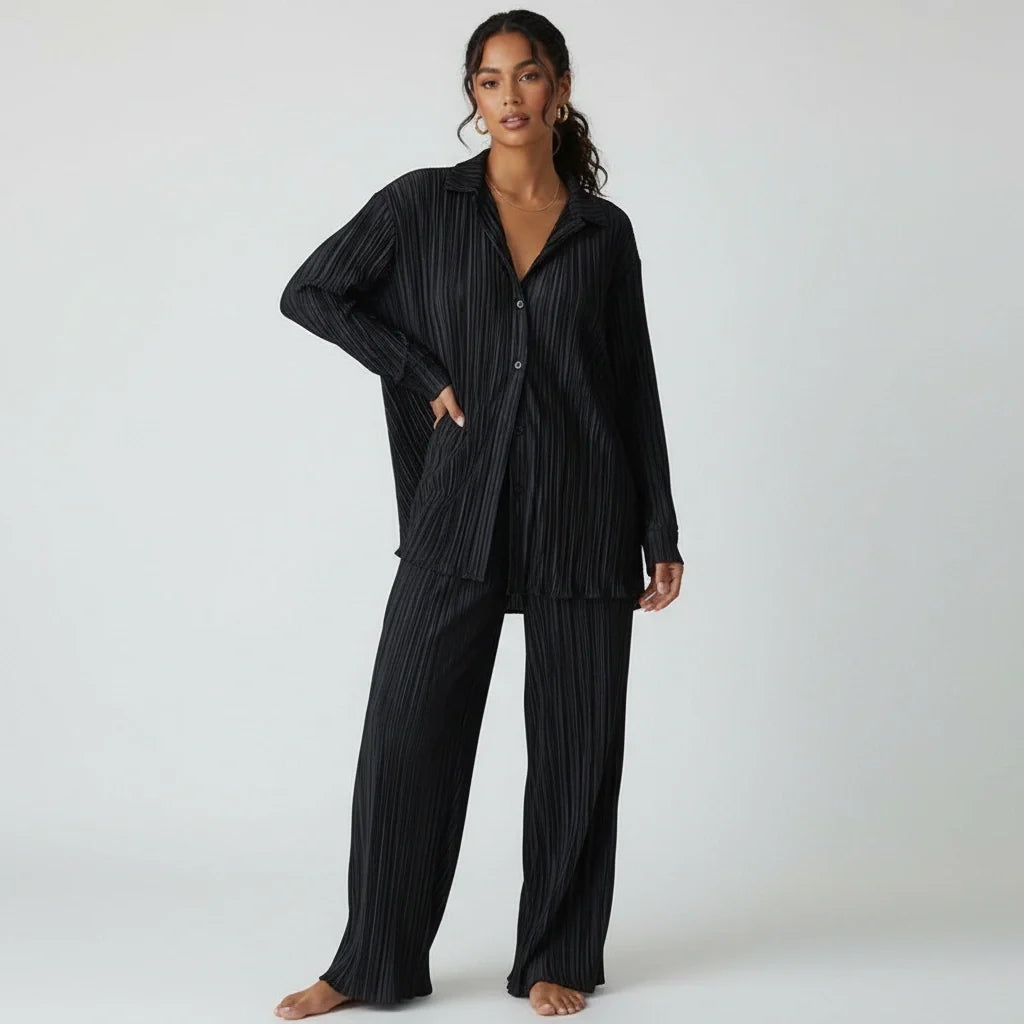 Loovay Sorelle Plissé Set met Blouse en Wijde Broek