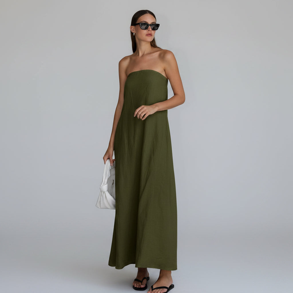 Loovay Solévara Jurk, Strapless Maxi met Linnen Look