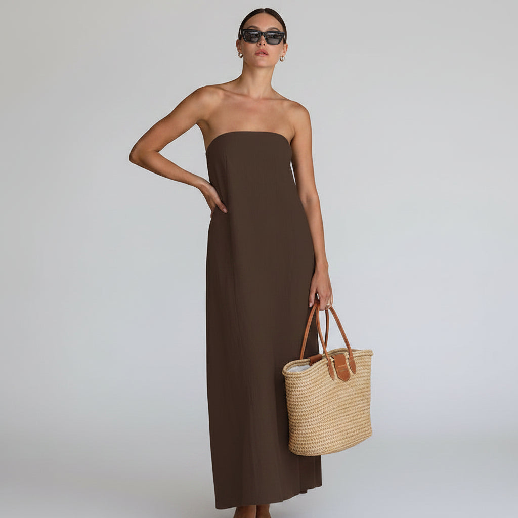 Loovay Solévara Jurk, Strapless Maxi met Linnen Look