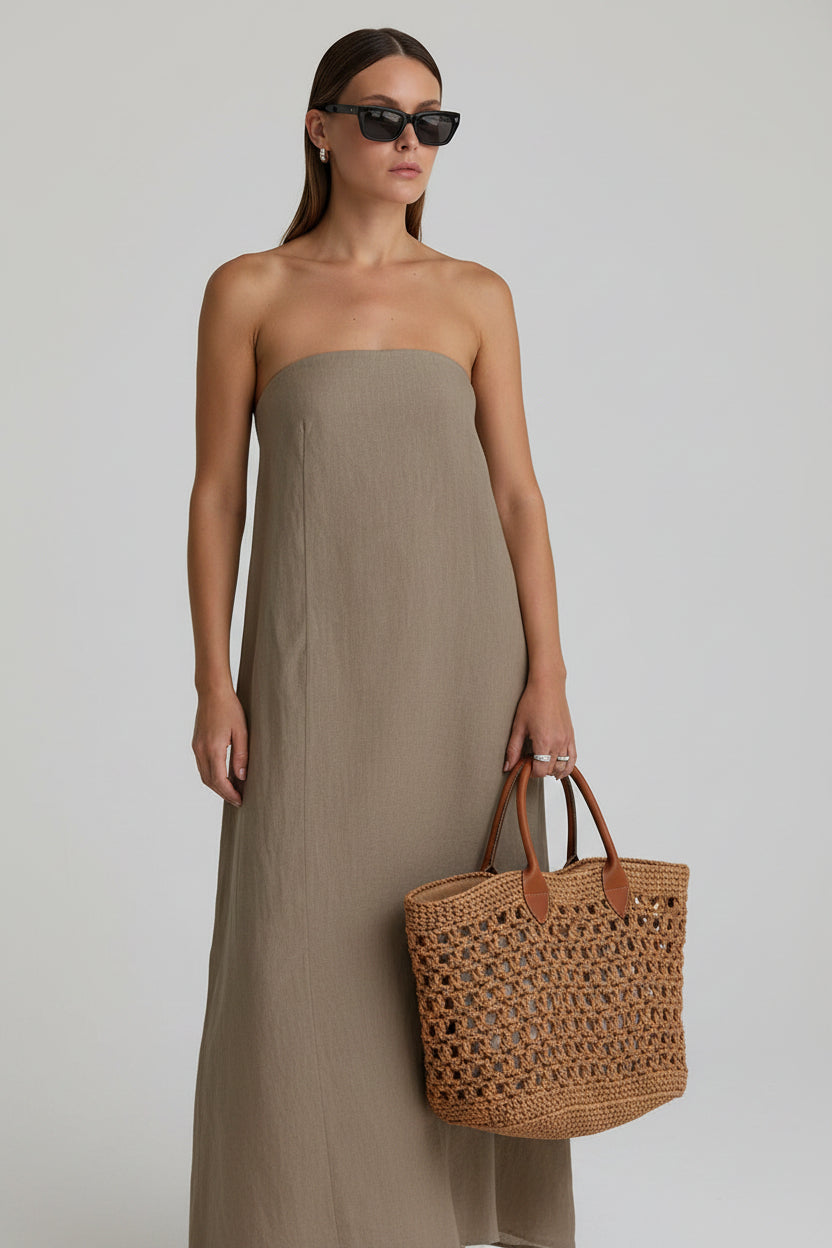 Loovay Solévara Jurk, Strapless Maxi met Linnen Look