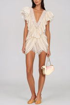 Loovay Cascada, Crèmewitte Playsuit met Ruches en Kant