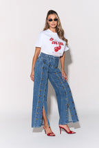 Loovay Delvaris Jeans met Knoopdetails en Split