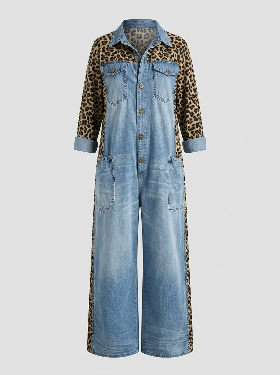 Loovay Zafira Denim Jumpsuit met Luipaardprint