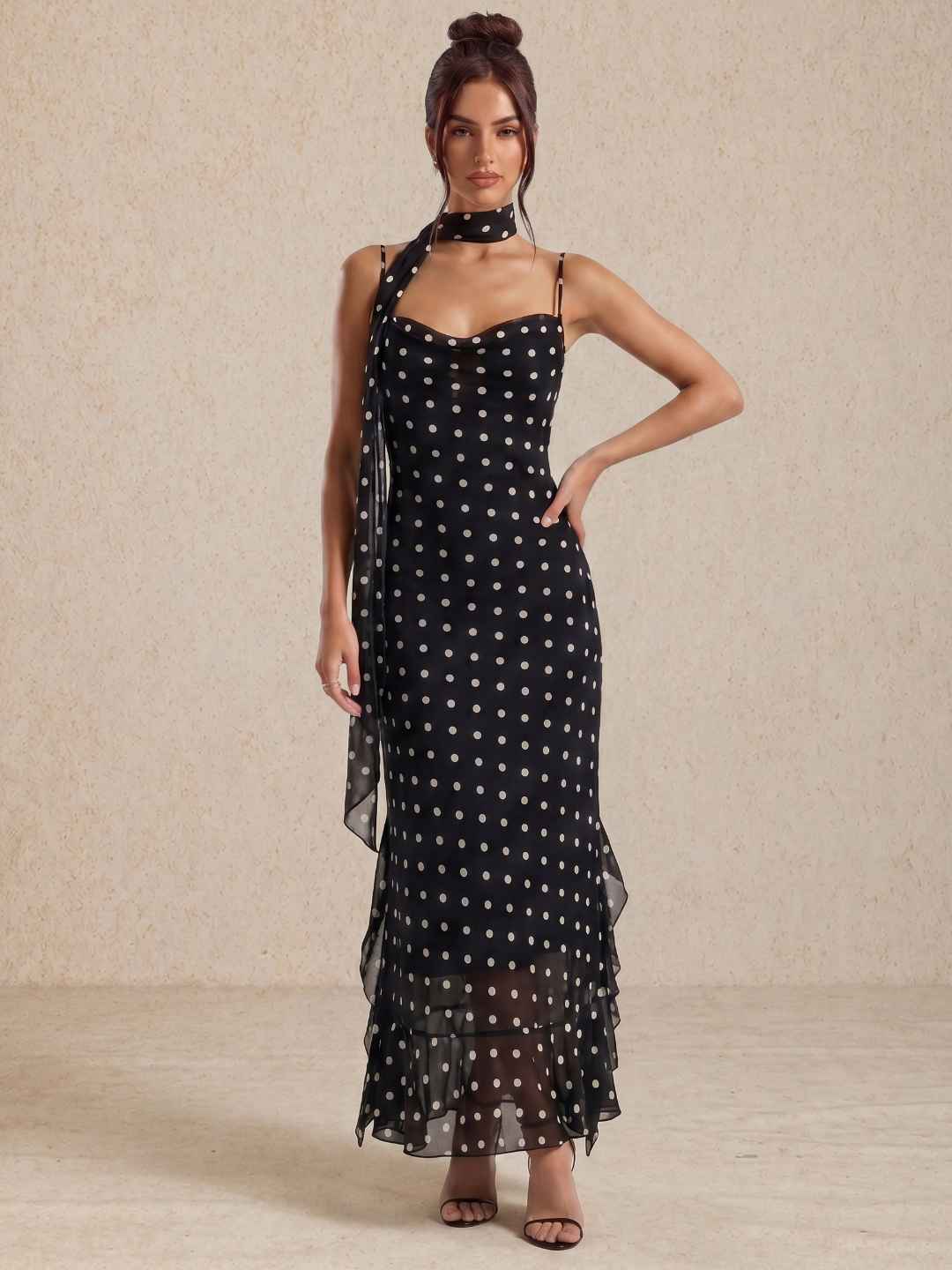 Loovay Novalise Midi Feestjurk, Stippenprint met Sjaaldetail
