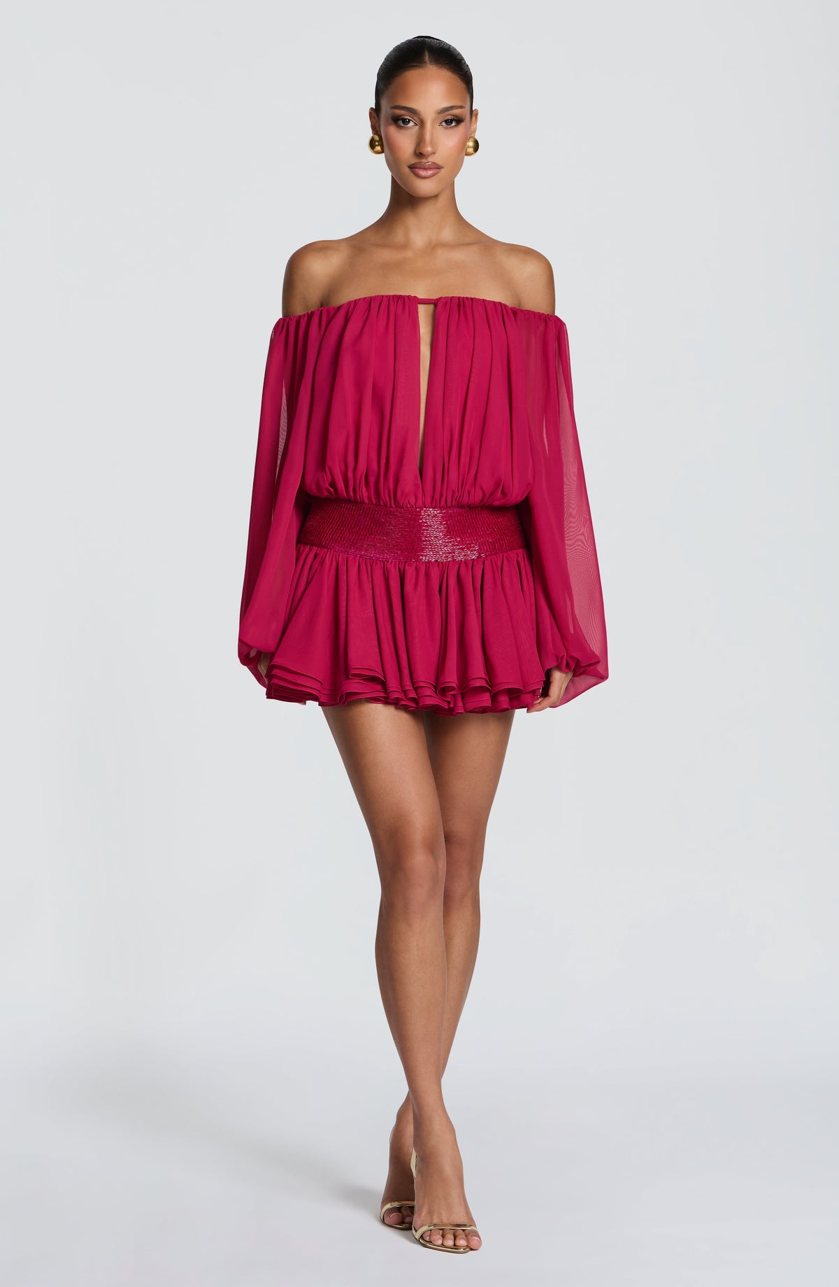 Loovay Serelise Off Shoulder Mini Jurk met Ballonmouwen