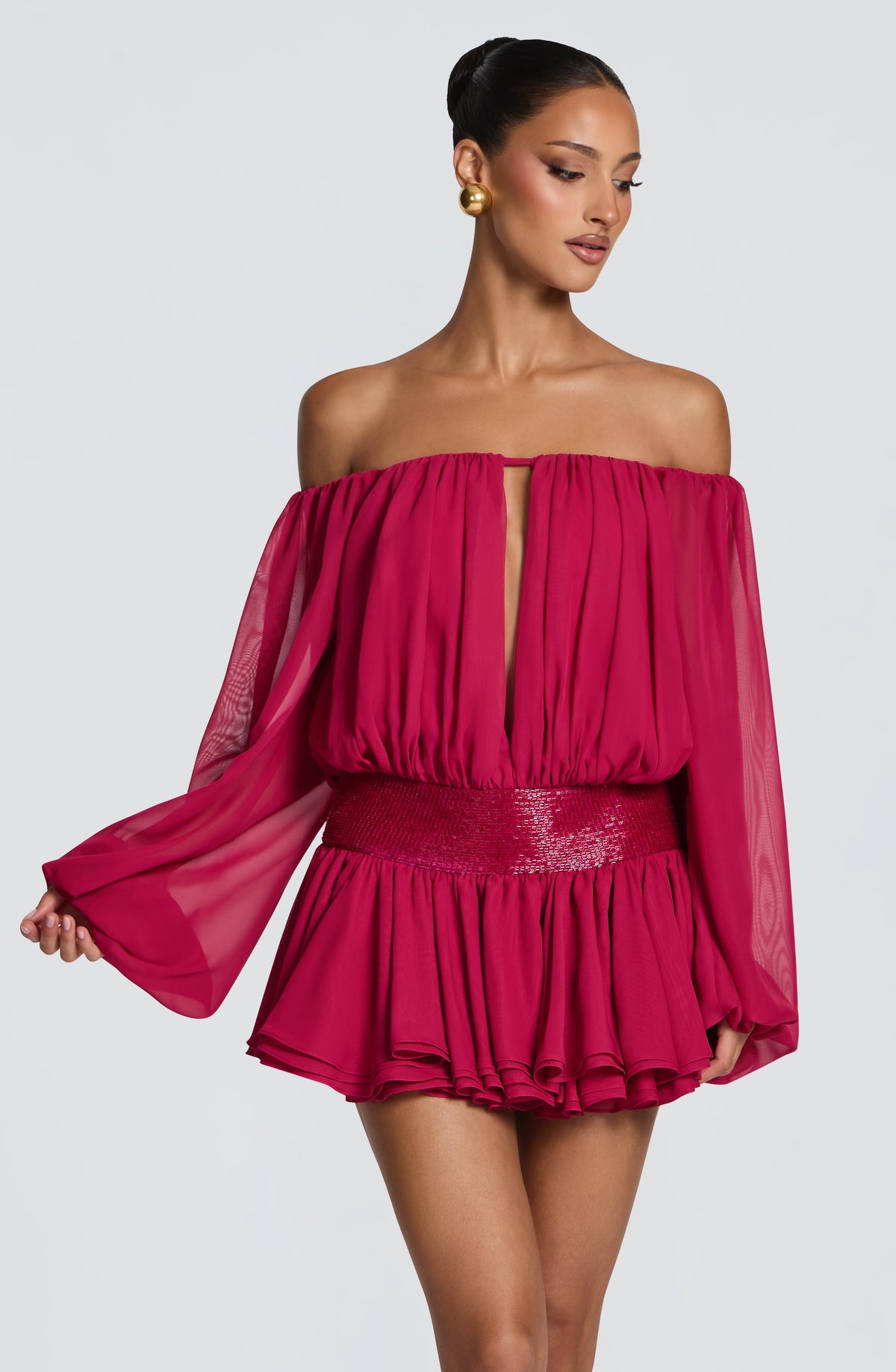 Loovay Serelise Off Shoulder Mini Jurk met Ballonmouwen
