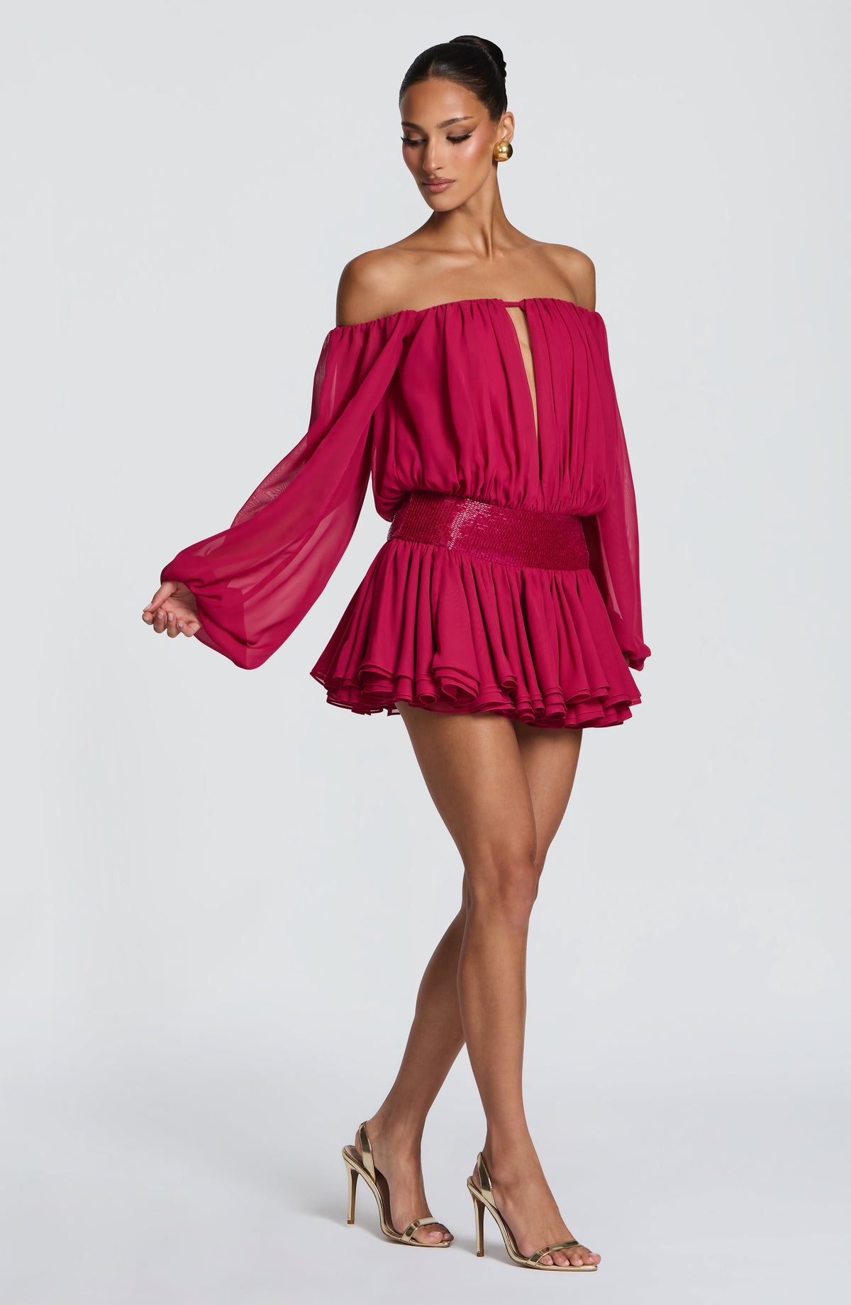 Loovay Serelise Off Shoulder Mini Jurk met Ballonmouwen