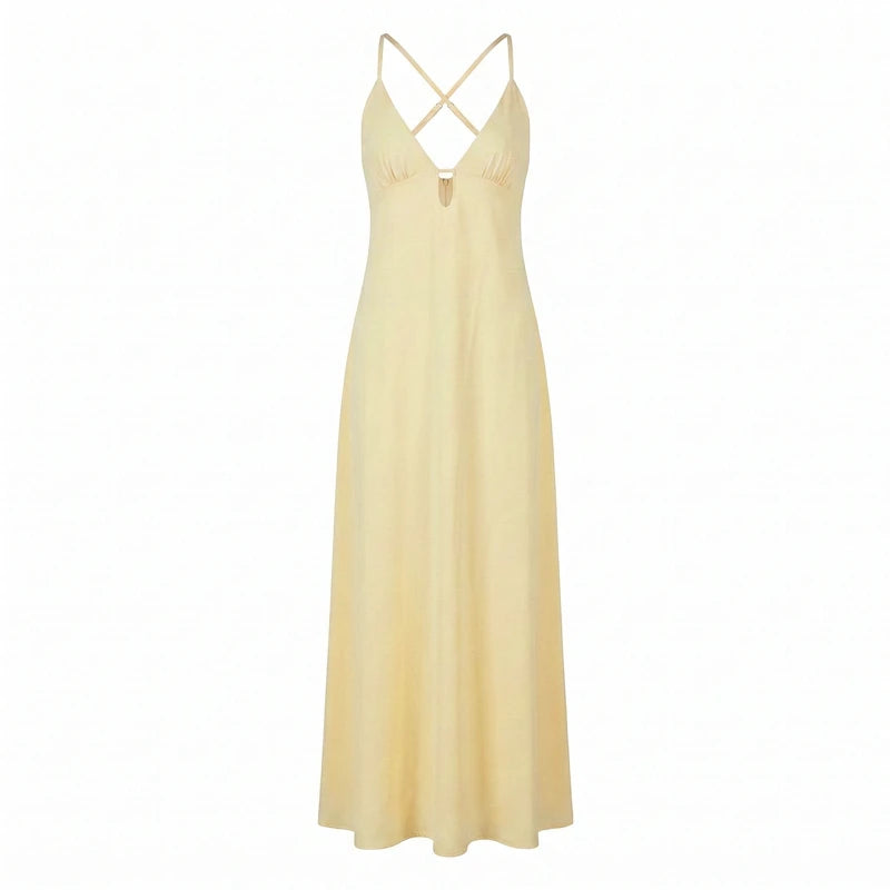 Loovay Maélisse, Satijnlook Maxi Jurk met Open Rug