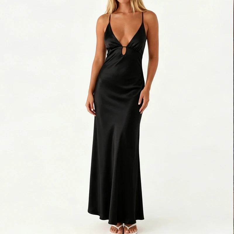Loovay Maélisse, Satijnlook Maxi Jurk met Open Rug