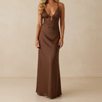Loovay Maélisse, Satijnlook Maxi Jurk met Open Rug