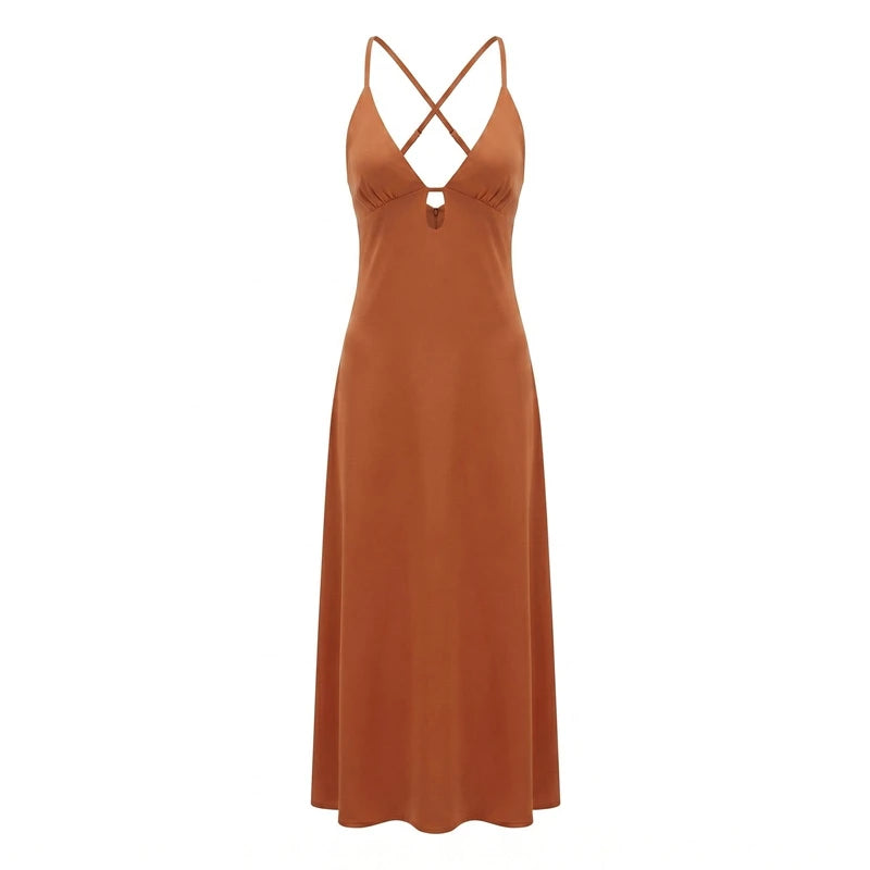 Loovay Maélisse, Satijnlook Maxi Jurk met Open Rug