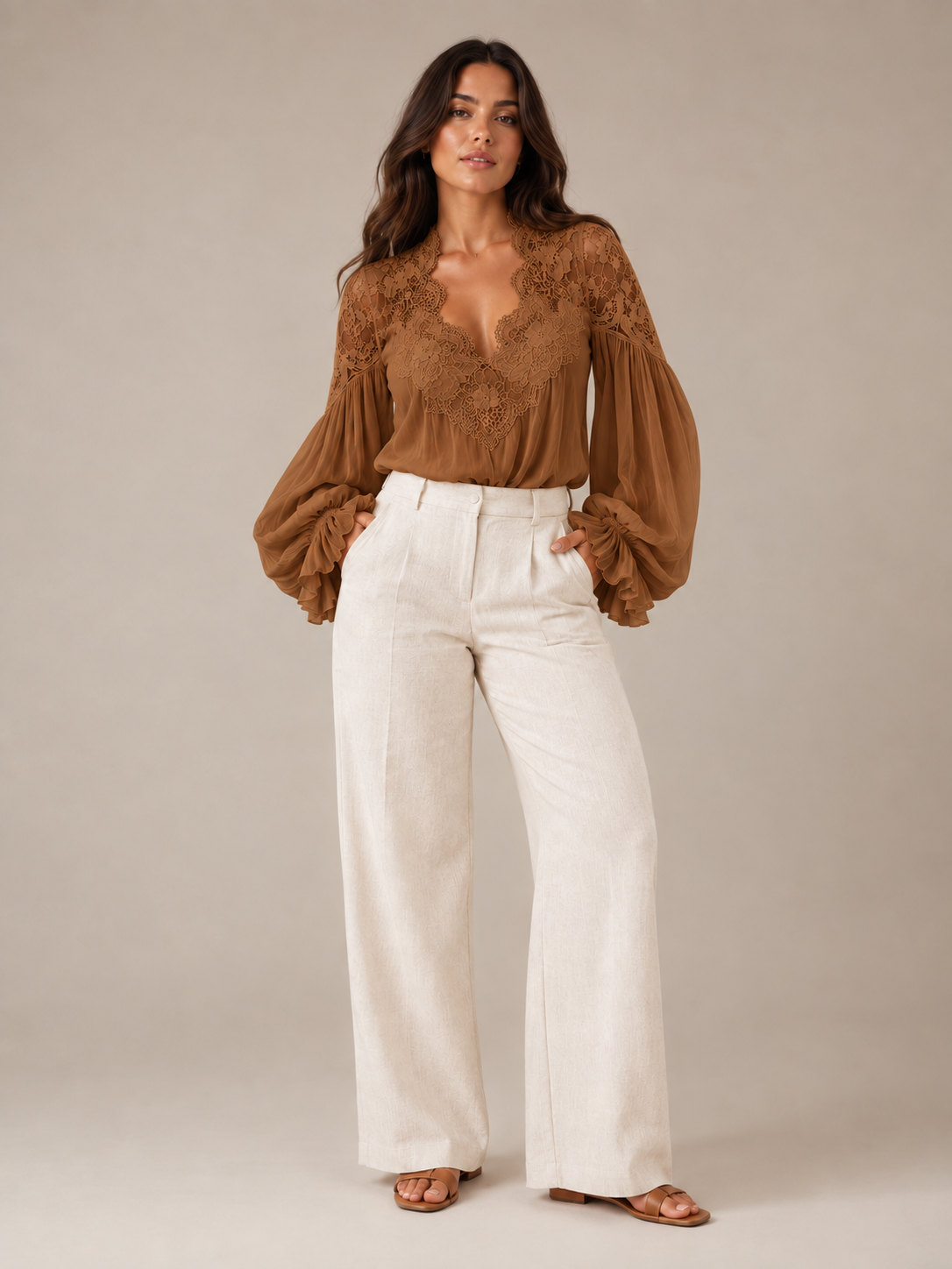 Loovay Palunora Blouse met Kant en Pofmouwen